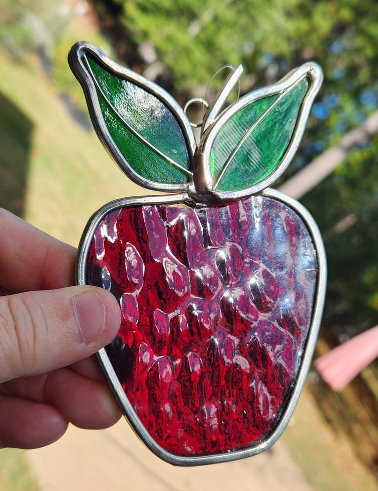 4.75" Hand Made STAINED GLASS STRAWBERRY GREEN & RED SUNCATCHER