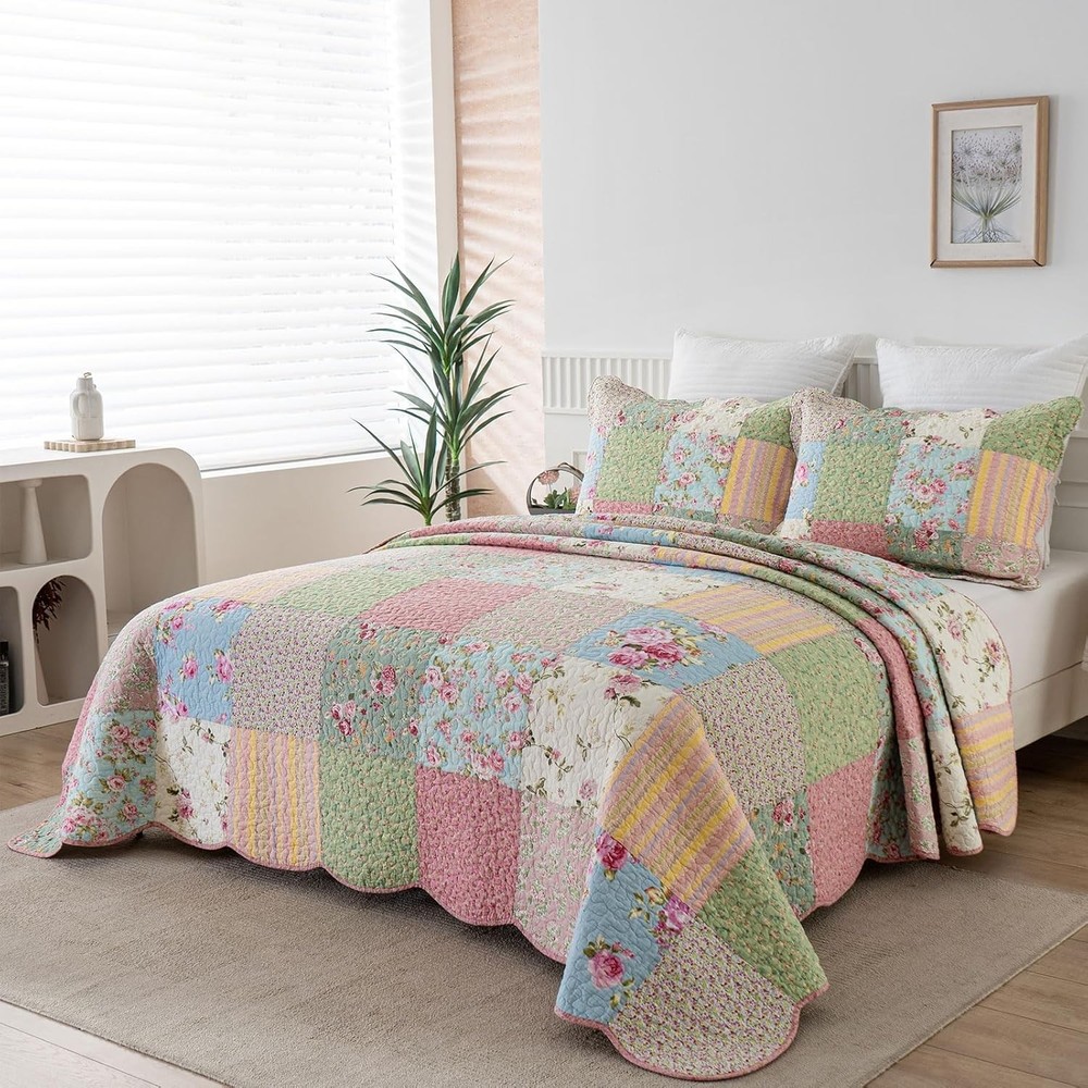 Oversized Queen Quilt Set Patchwork Bedspread 110x118 Inch 100% Cotton