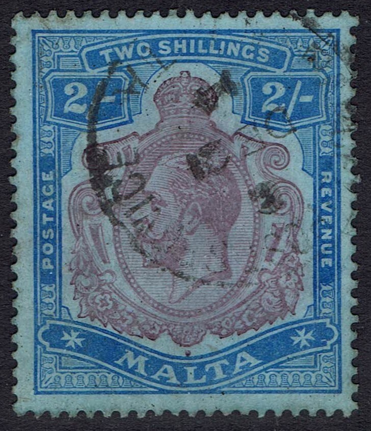 MALTA 1914 KGV 2/- WMK MULTI CROWN CA USED