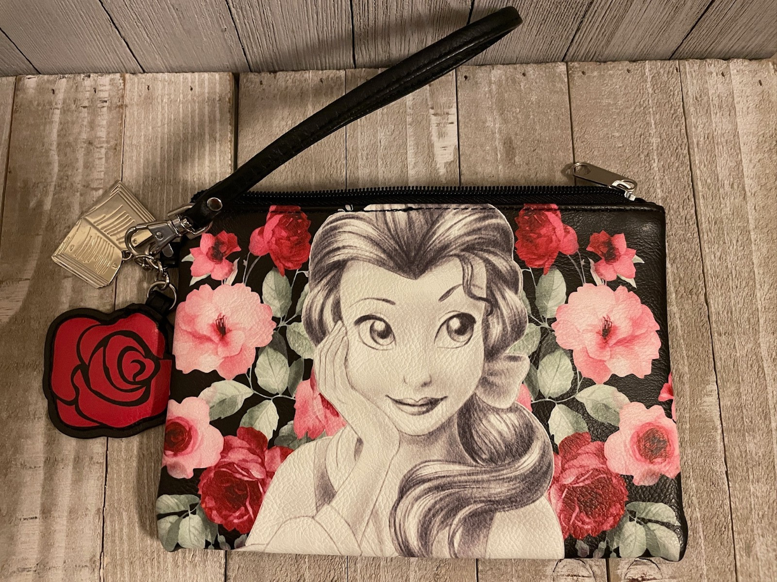 Loungefly Bag Disney Beauty and the Beast Makeup Bag with Rose & Book Charms 8"