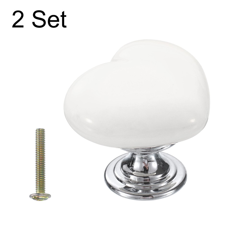2 Packs Heart-Shaped Ceramic Drawer Knobs White/Silver Dresser Pulls Handles