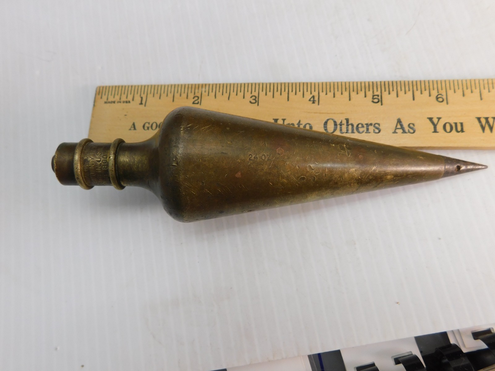 Vintage Plumb Bob, Solid Brass, General Hardware no. 800, 1lb 5oz, 6.75"