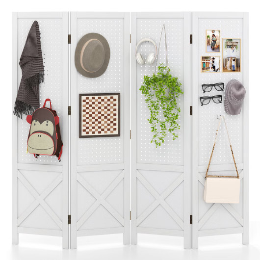 4-Panel Pegboard Display Stand Folding Room Divider with Solid Wood Frame-White