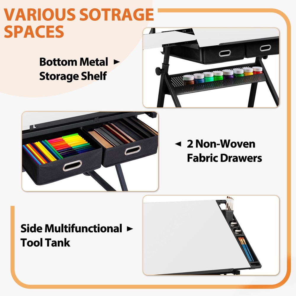 Drafting Drawing Table Tabletop Adjustable Height with Charge Outlet White