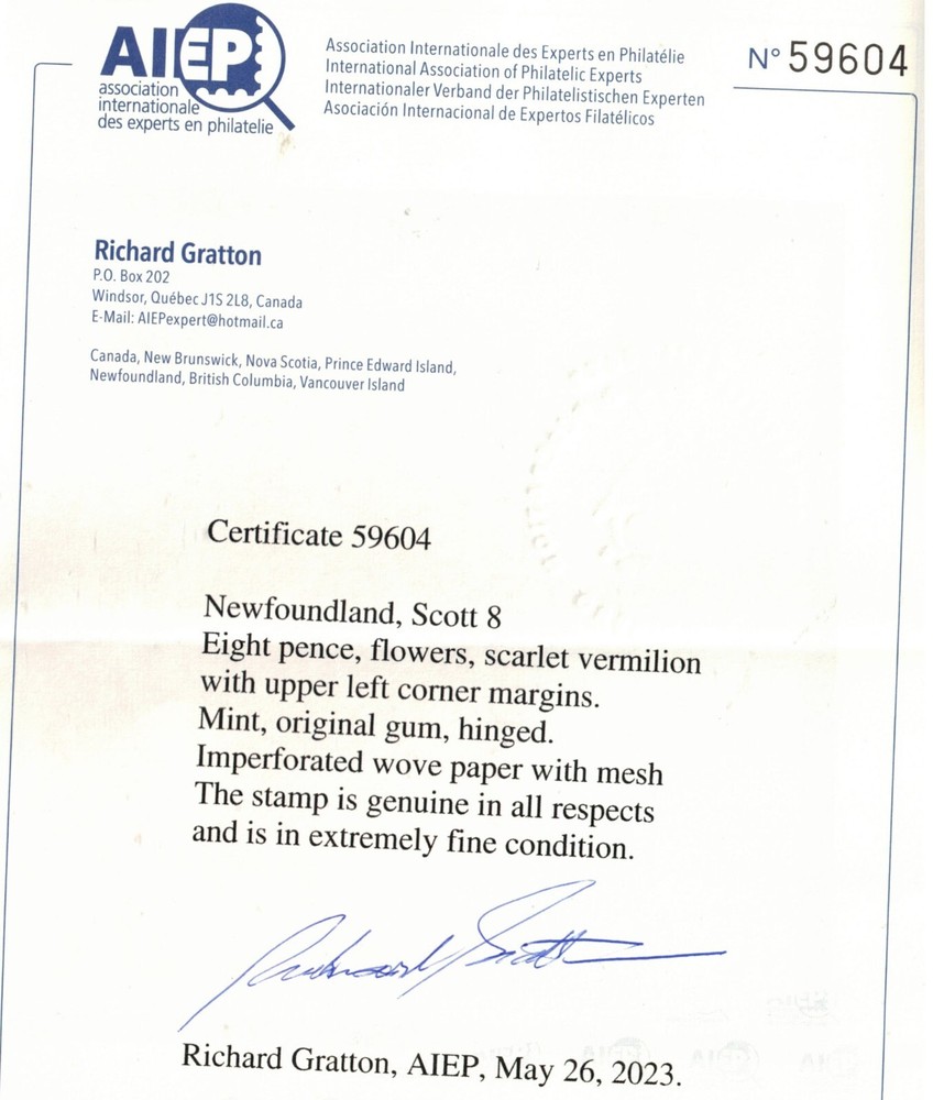 Newfoundland #8 Extra Fine Mint Original Gum Hinged Upper Left Margin Single