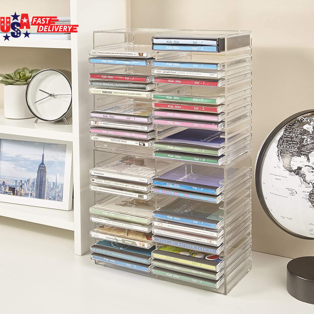Stackable Clear Plastic CD Organizer with Rubber Feet | Rectangular Jewel Cases
