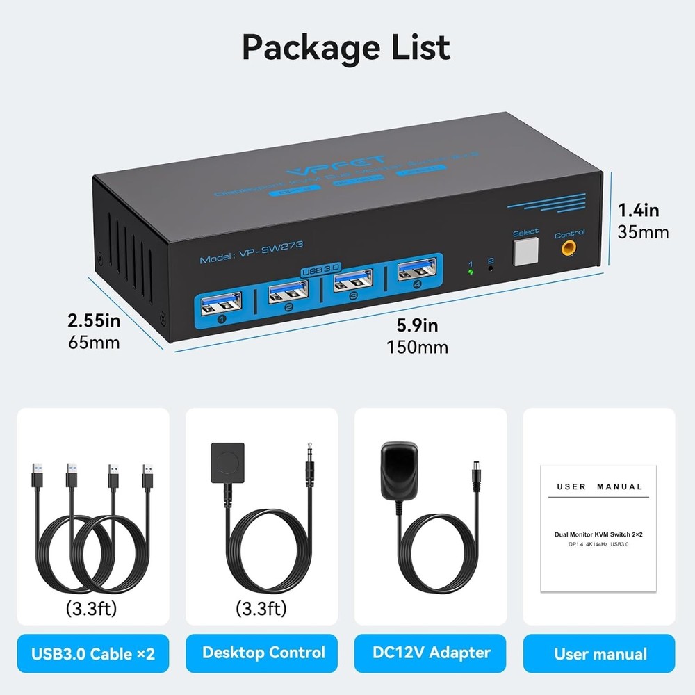 Displayport KVM Switch box 2 Monitors 2 Computers USB3.0 4 USB Devices