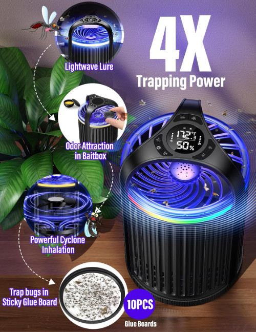 Indoor fly trap with bug light, gnat & fruit fly catcher, includes 10 refills.