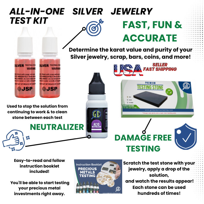 Silver Testing Kit 2 Solutions Acid with Scratch Stone & Neutralizer JSP 999