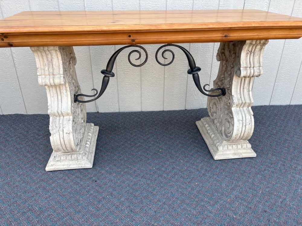 67646 Rustic Console Table with Carved Stone Base and Iron Accents