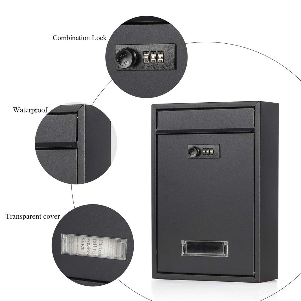 Locking Mailbox Wall Mounted Vertical- Medium, 06 Black Matt Combination Lock