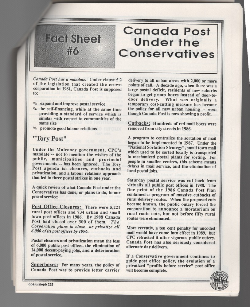 FACT SHEETS 1987 postal strike backgrounders CUPW bilingual 6 topics