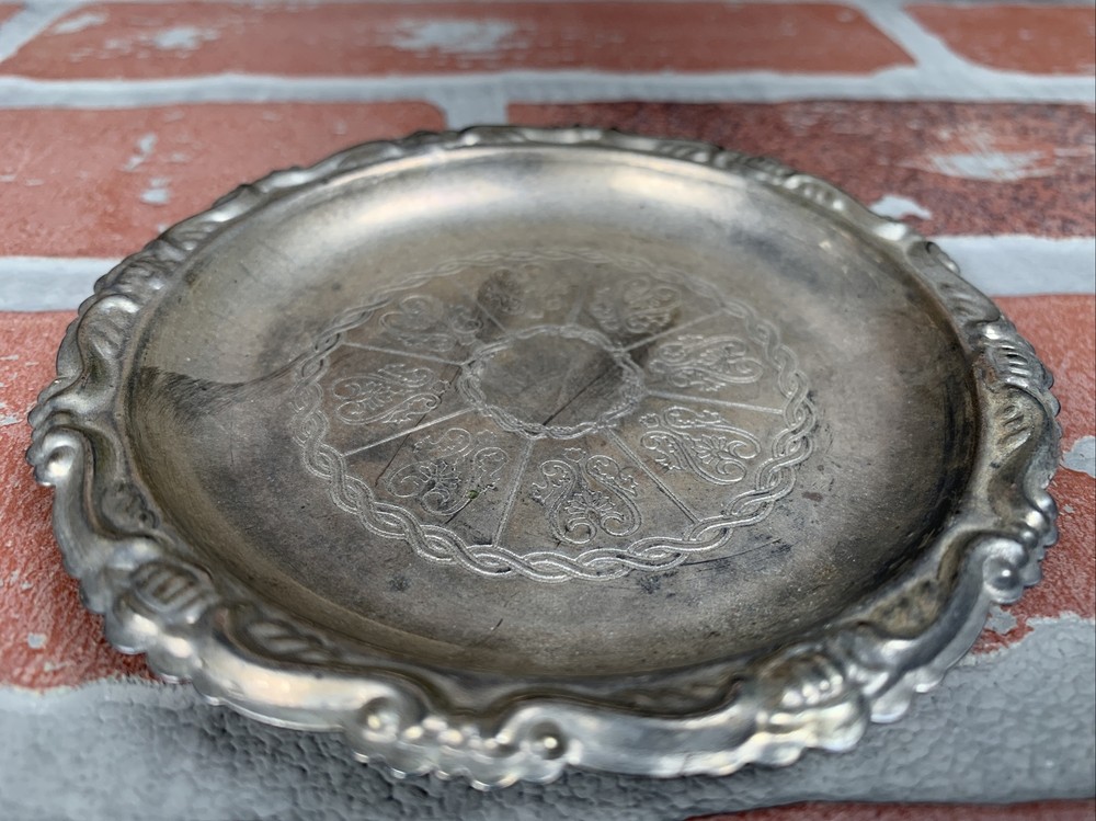 Silver Plated Trinket Dish/Ash Tray/Coaster, Etched, 4", Made In Italy