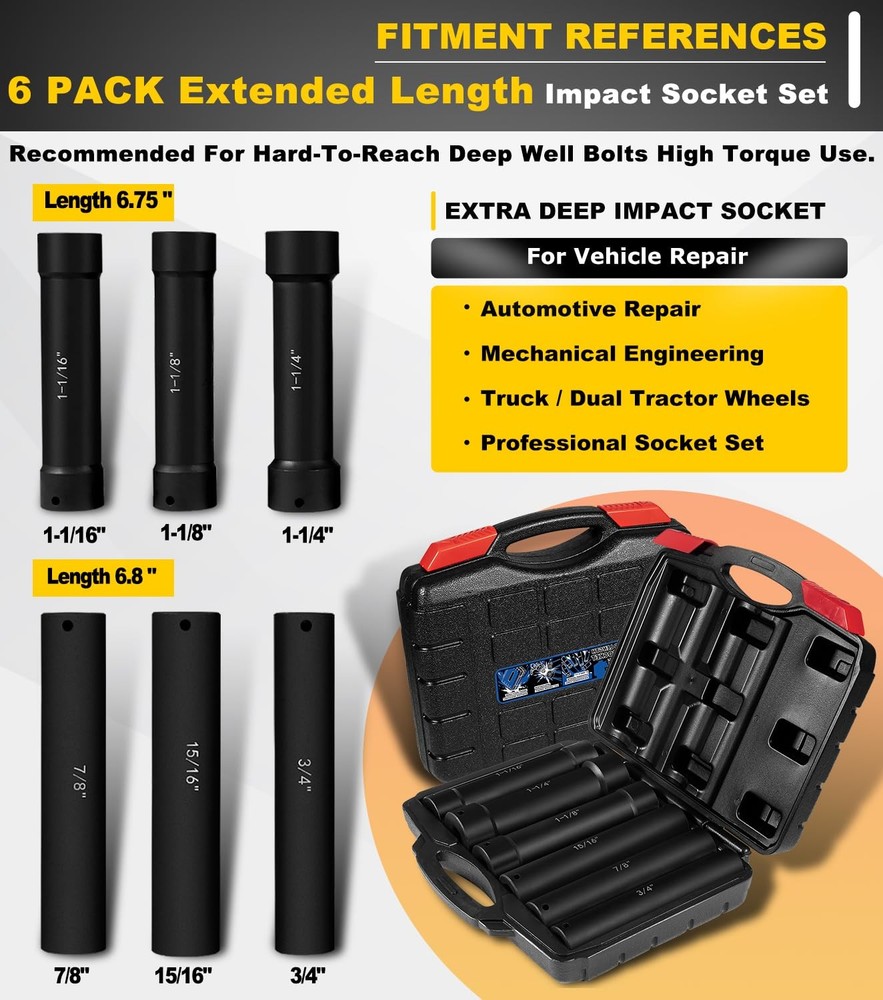 1/2 Inch Drive Extended Length Impact Socket Set - 6 Piece Extra Deep Impact ...