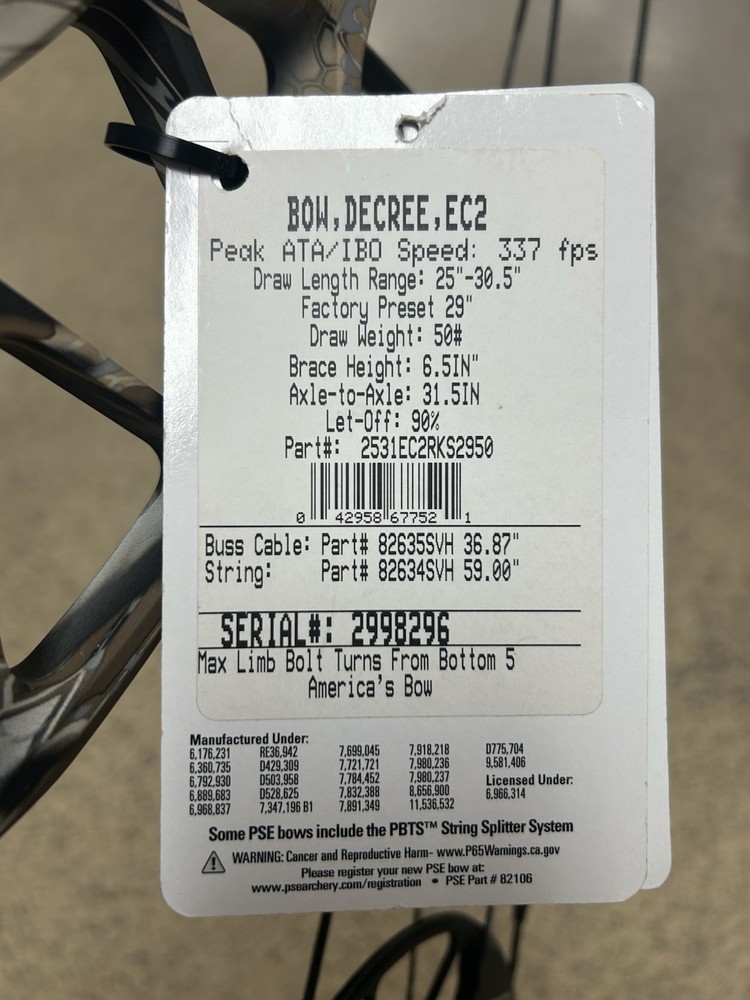 PSE Decree, 50lbs, Skyfall Camo, Right Hand