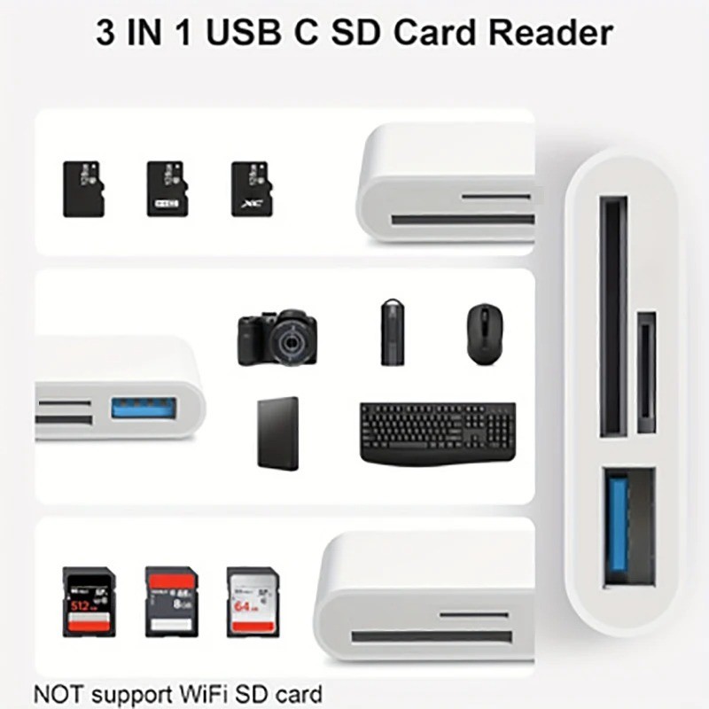 3-in-1 USB-C Card Reader SD TF Adapter for iPhone 15 Pro iPad Mac Android