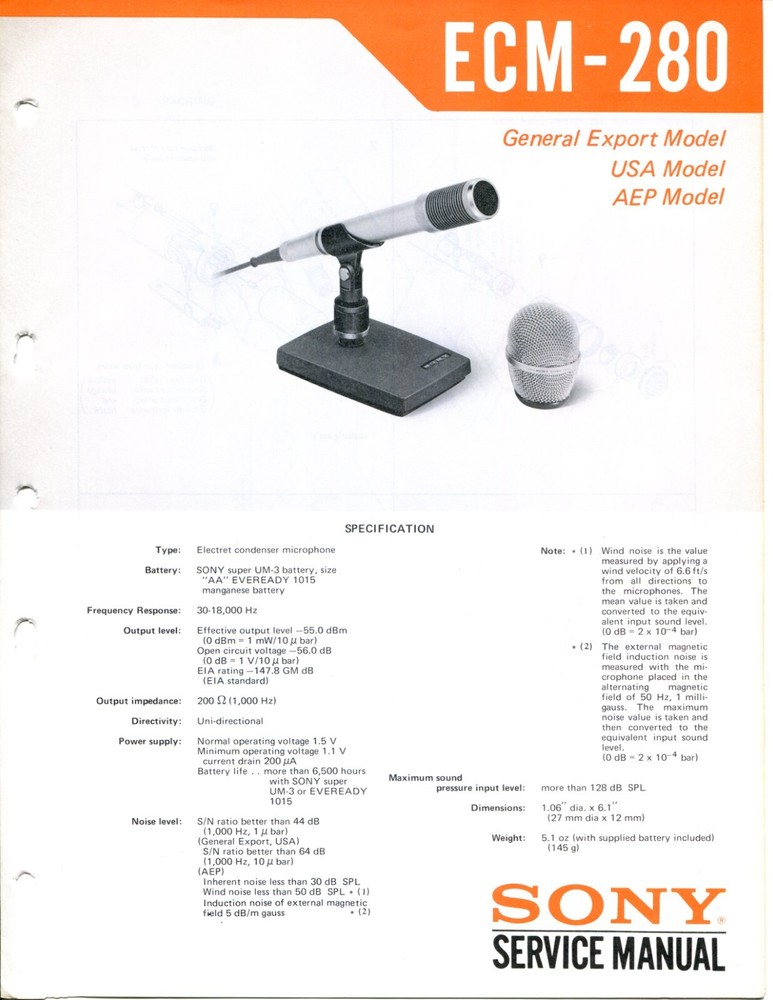 Sony Model ECM-280 Electret Condenser Microphone Service Manual