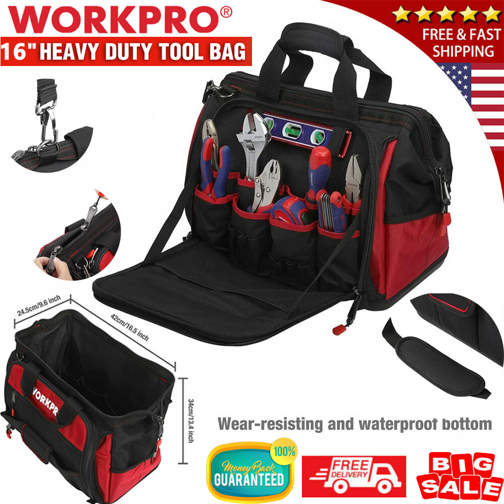 WORKPRO 16" Wide Mouth Heavy Duty Tool Bag Tool Tote Storage 40Pocket Zipper Bag