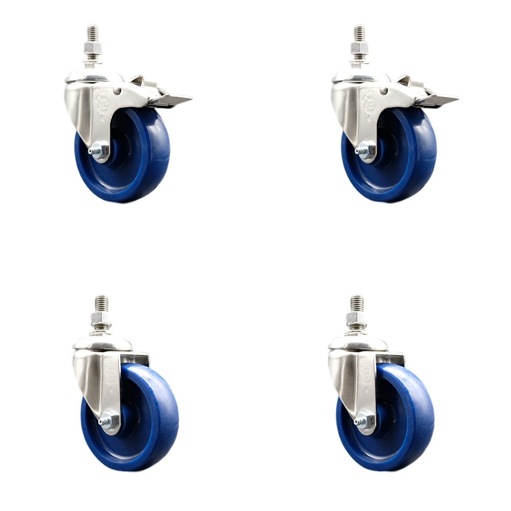 4 Inch 316SS Solid Polyurethane 3/8 Inch Threaded Stem Caster Set 2 Lock Brake