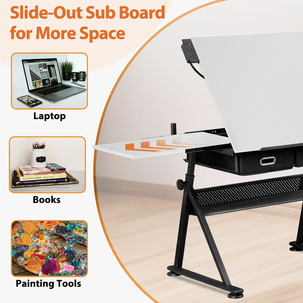 Adjustable Drafting Table & Stool Set Artist Desk with Charging Station White