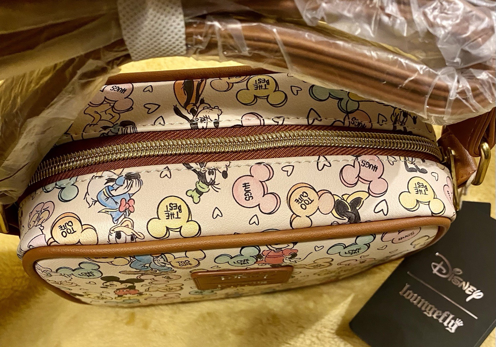 LOUNGEFLY Disney Mickey Mouse & Friends Candy Camera Zip Closure Crossbody Bag.