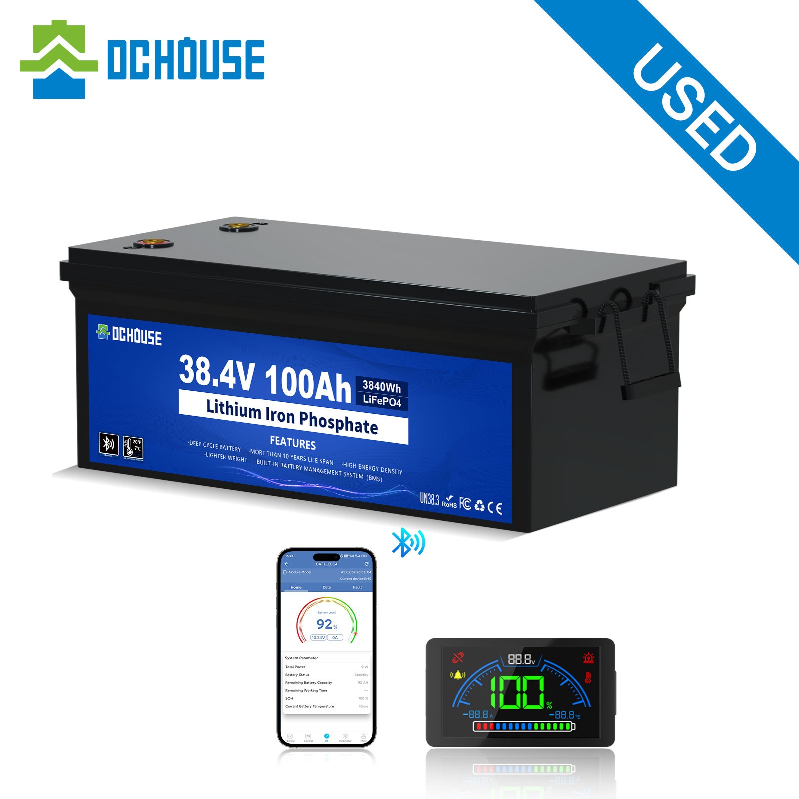 36V 100Ah LiFePO4 Lithium Battery Deep Cycle for Golf Cart Bluetooth，Used