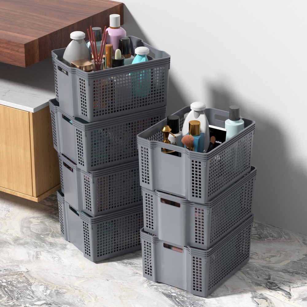 12-Pack Plastic Deep Stacking Baskets, Large Plastic Cupboard Baskets, Grey