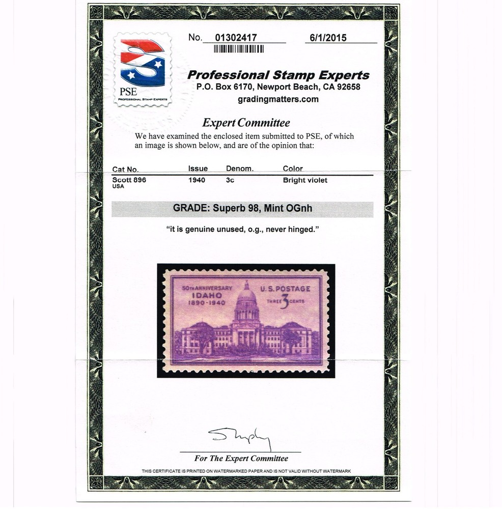 EXCEPTIONAL GENUINE SCOTT #896 MINT PRISTINE OG NH PSE CERT GRADED SUPERB 98