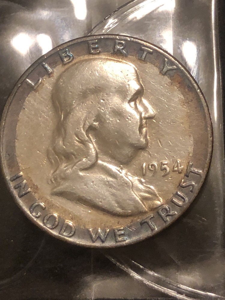 1954 D franklin half dollar Rainbow Toned