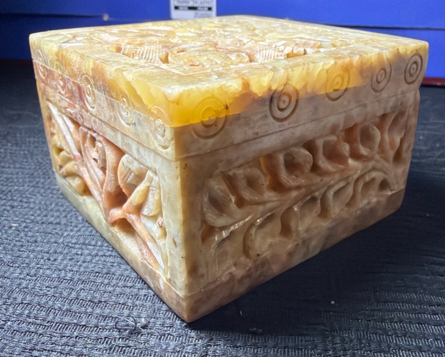 Vintage Intricate Hand Carved Soapstone Trinket/Marble Jewelry Box - 3”x 3”
