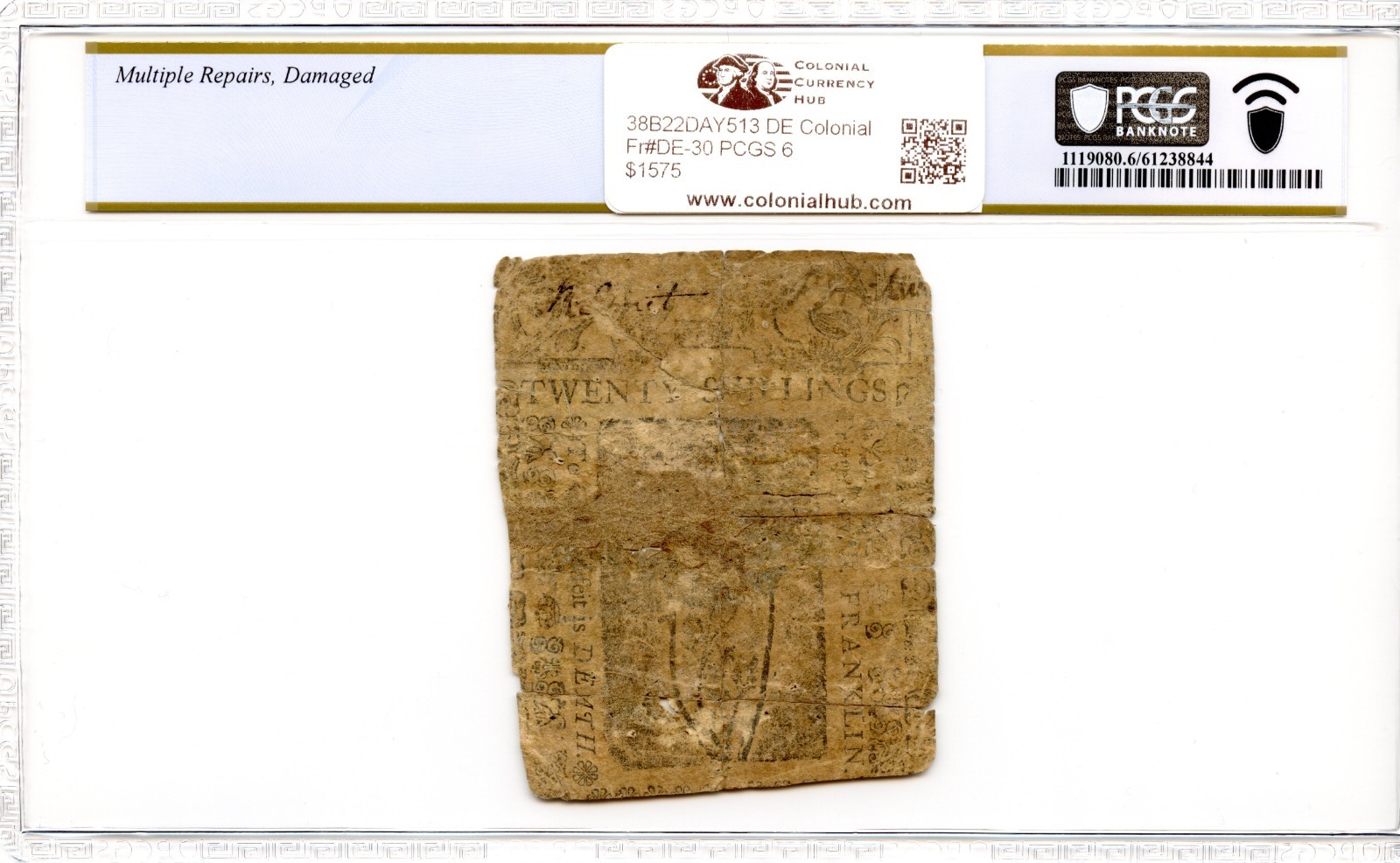 Delaware Colonial Note Fr#DE-30 February 28, 1746 20s PCGS G-6 *Ben Franklin*