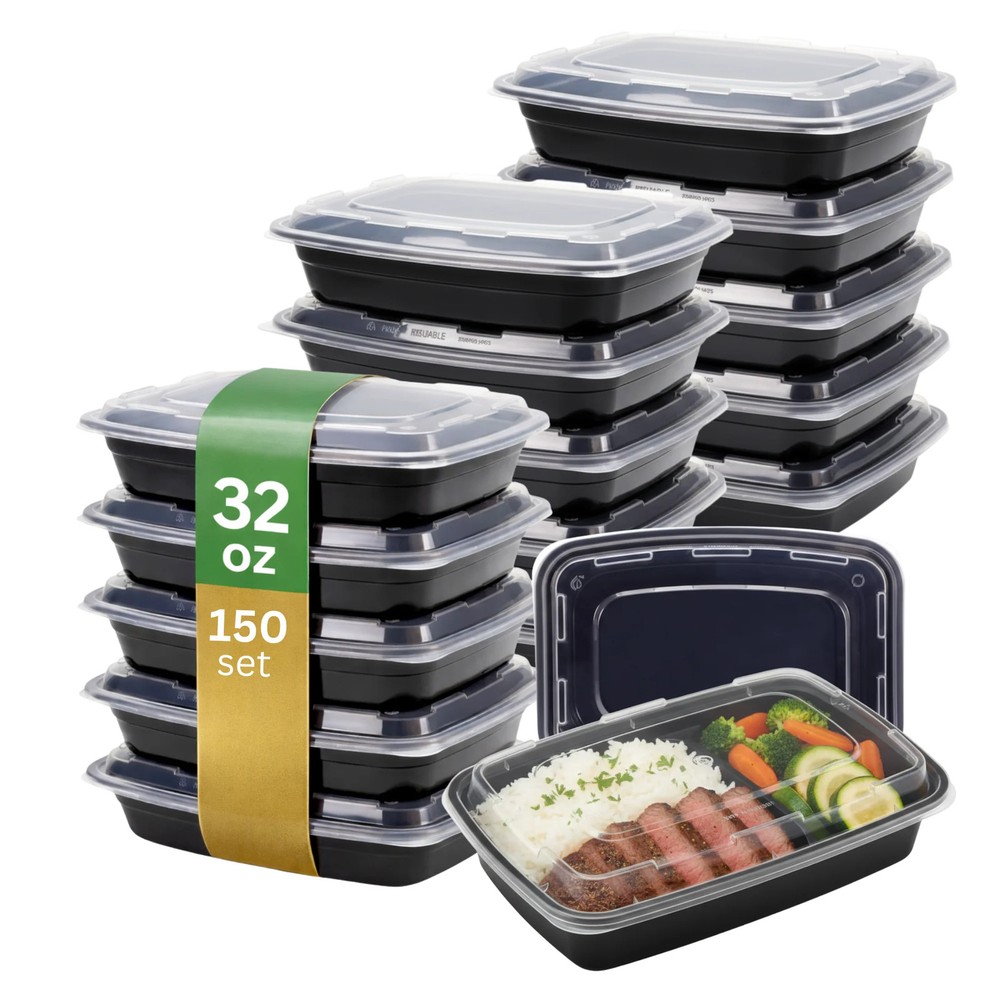 32oz Rectangular Microwaveable Container with Lid, 150 Sets (50/6)