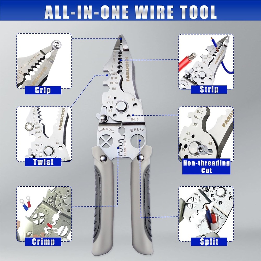 Multi-function Wire Stripper Tool Electrical, 9-in-1 Cutter & Grey