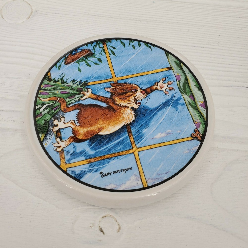 Gary Patterson Cat Swinging on Curtains Ceramic Coaster