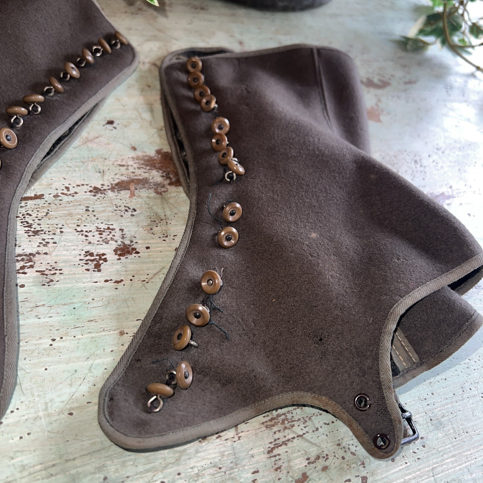 Antique Wool High 15 Button Foot Buckle Strap Pair of Spats.