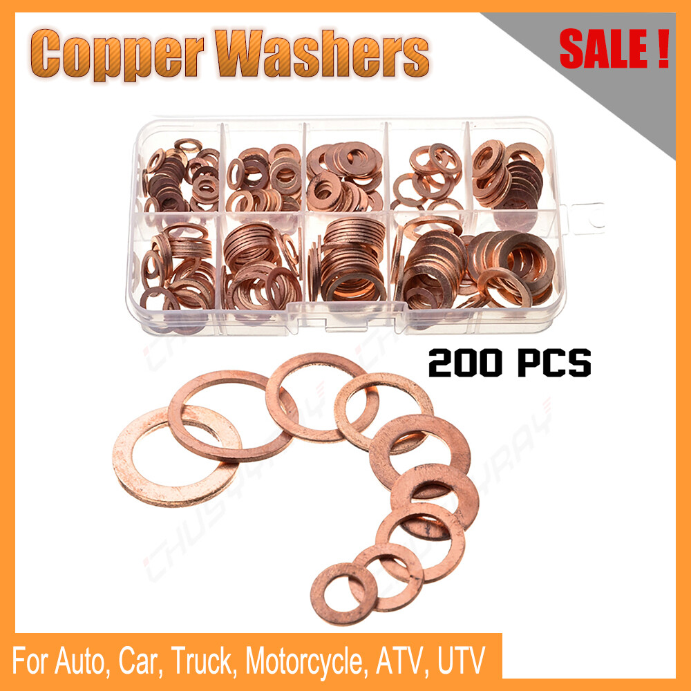 200Pcs/Kit Solid Copper Crush Washers Gasket Set Flat O-Ring Seal Assortment