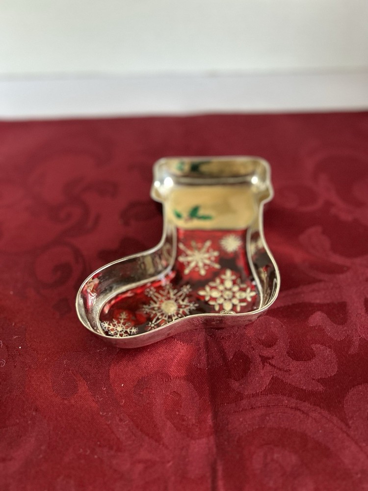 GODINGER SILVER PLATED STOCKING CANDY/ TRINKET DISH CHRISTMAS 6 IN