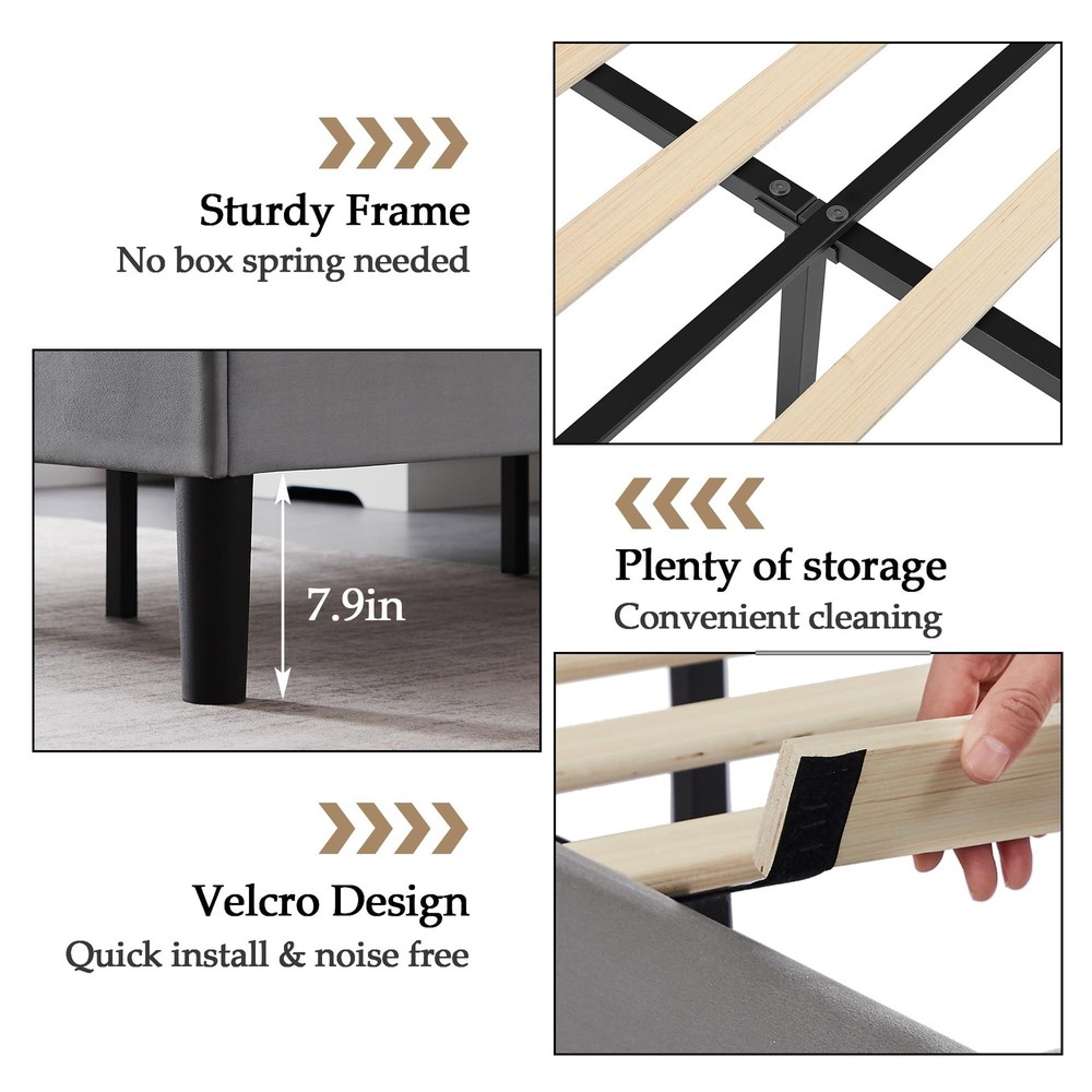 Full Bed Frame, Platform Bed Frame with Adjustable Height Upholstered Headboa...