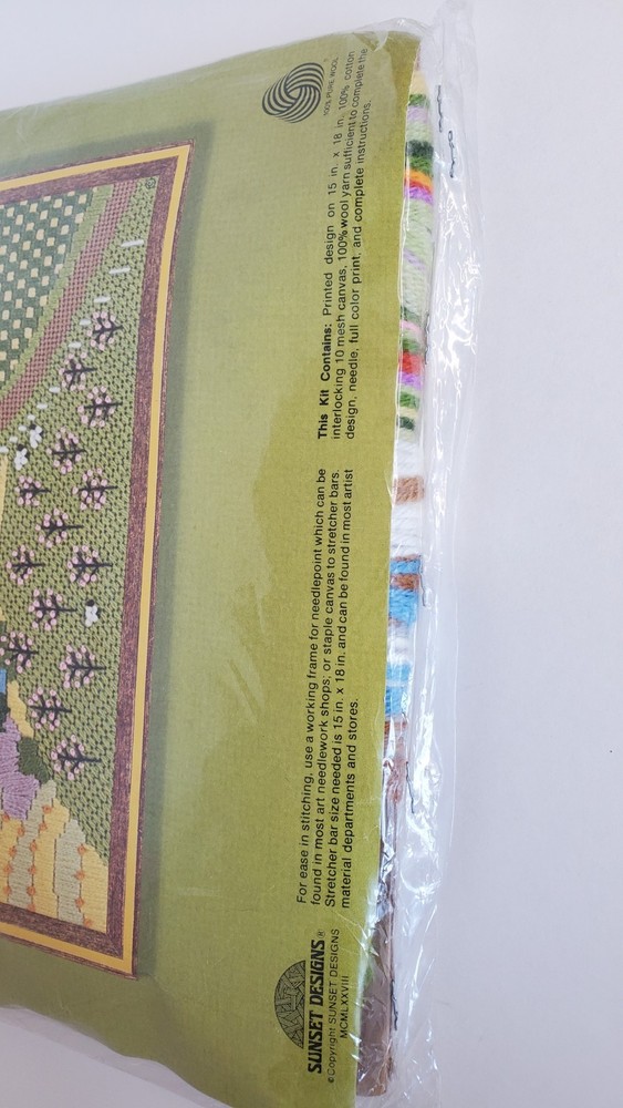 NOS Vintage Sunset Needlepoint Kit SPRINGTIME SAMPLER 1978 Barn Rainbow