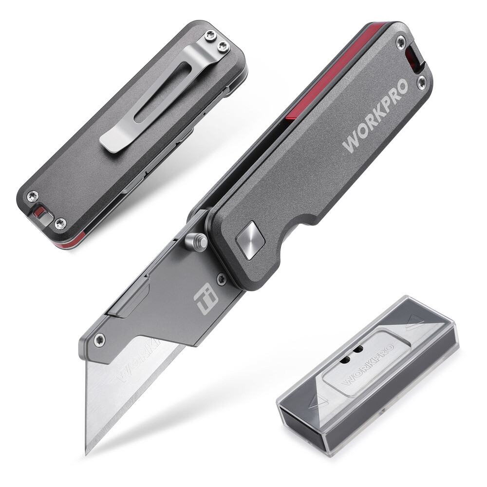WORKPRO Folding Utility Knife Titanium CNC Unibody Box Cutter Quick Change Blade