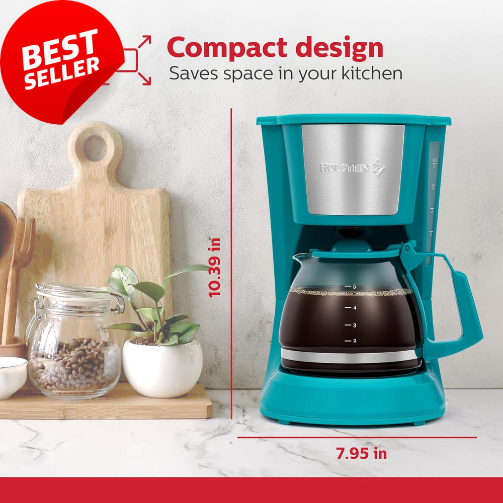 5-Cup Drip Coffee Maker, Auto Pause, Reusable Filter, Glass Carafe, Teal