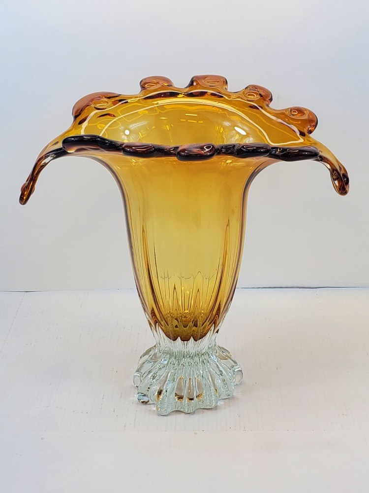Davco Silver Amber Ruffled Edge Glass Vase Art Deco Design 10.5" Tall