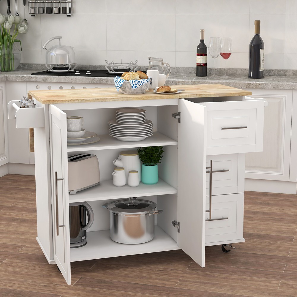 Kitchen Island with Spice Rack, Towel Rack and Extensible Solid Wood