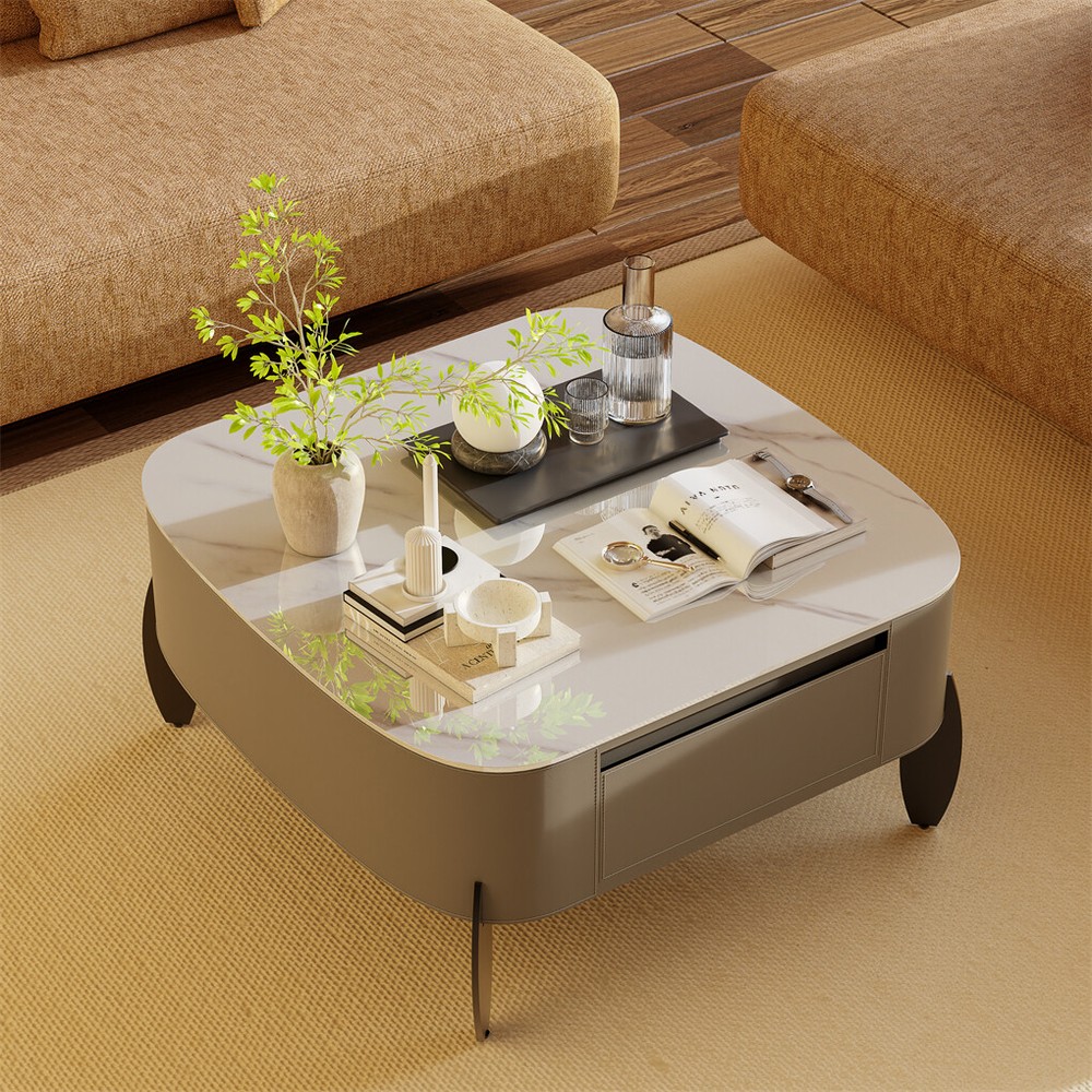 Square Marble Coffee Table Microfiber Saddle Leather Center Table with 2 Drawers