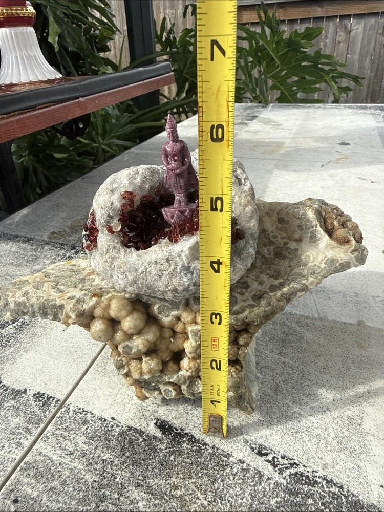 Carved Ruby Buhda On Ocean Jasper Faced Rough, Incredible Orbs Red Crystals 6”