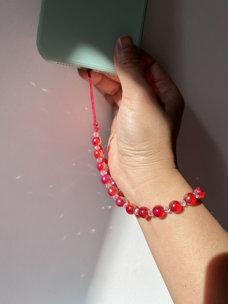 Glass Crystal Beaded Phone Wrist Strap , Red Wrist Strap, Camera Strap