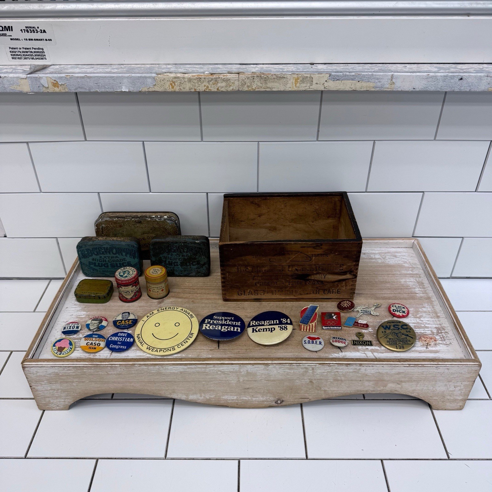 Vintage Political Pinback Button & Tobacco Tin Lot Reagan JFK Nixon 27 pcs