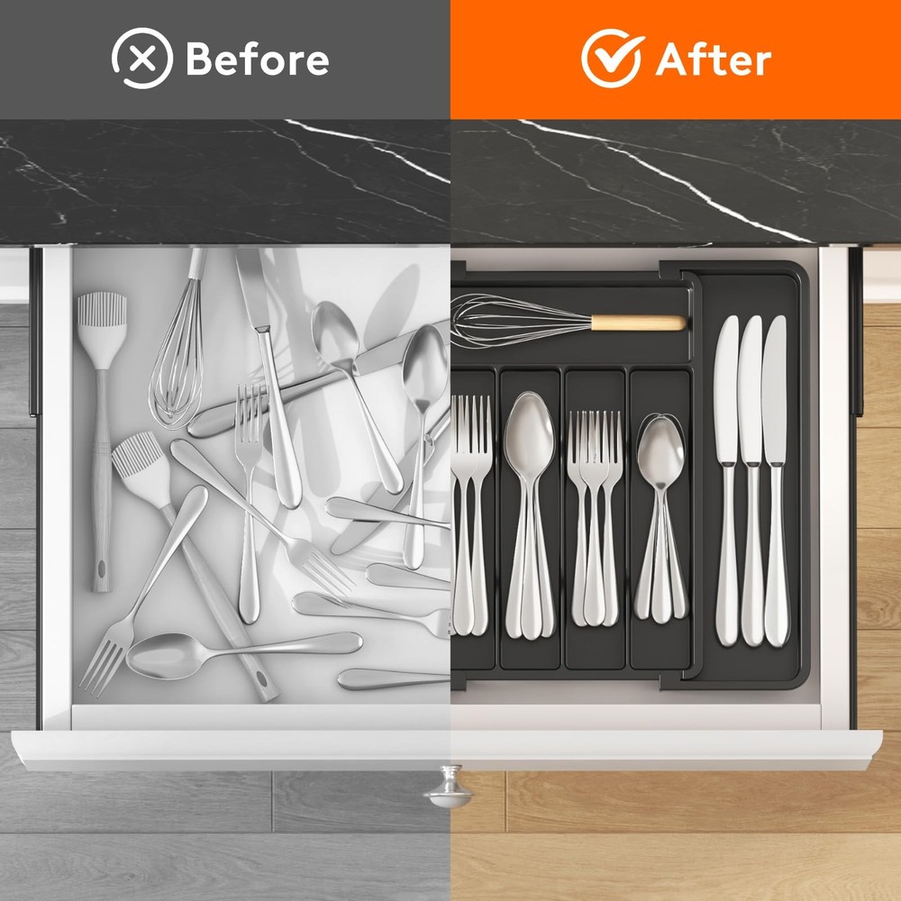 Silverware Drawer Organizer, Medium (8.5-14''W x 12''D), Black