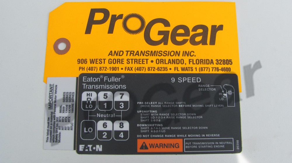 Fuller transmission 9 speed RT RTX shift pattern 20398 "H" pattern