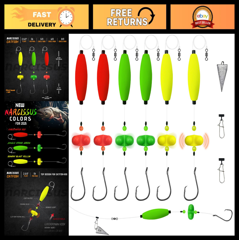 Complete Catfish Rigs Set - 6 Pre-Tied Rigs, Sinker Sliders & 2oz Pyramid Sinker